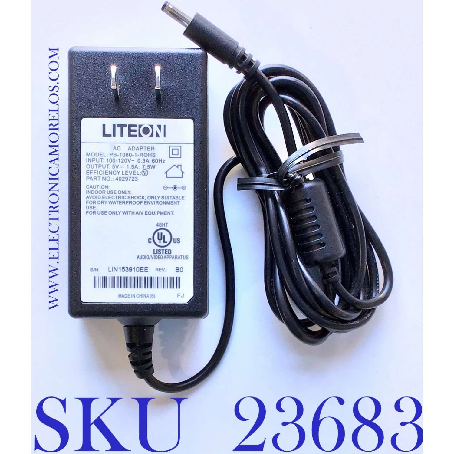 ADAPTADOR LITEON VCA / NUMERO DE PARTE 4029723 / MODELO PB-1080-1-ROHS / ENTRADA VCA 100-120V~ 50-60Hz .3A / SALIDA VCD 5V-1.5A   	